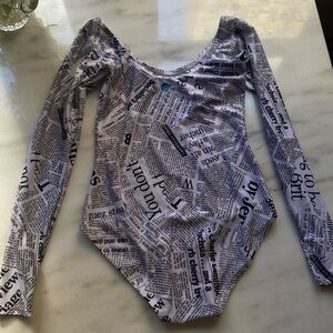 Newspaper Print Long Sleeve Leotard